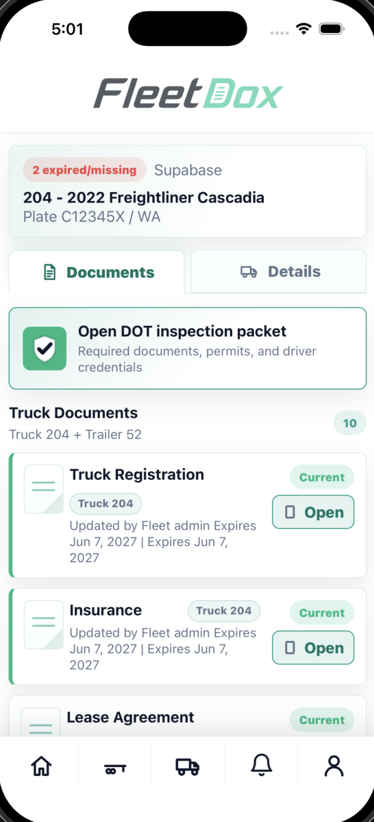 FleetDox Driver App on iPhone showing truck 204, the DOT inspection packet, truck documents, and bottom navigation
